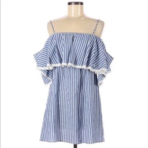 Blue white striped Off the Shoulder Blouse Dress Ruffle Sleeve Spaghetti Strap